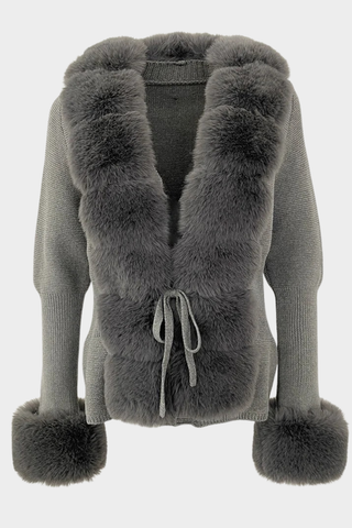 Long Sleeve Knitted Jacket with Faux Fur Trim – Tie-Front Design