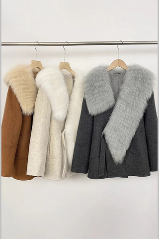 Luxury Wool Blend Coat with Wide Faux Fur Shawl Collar