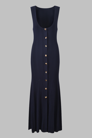 Elegant Navy U-Neck Sleeveless Ribbed Knit Long Dress with Gold Button Front & Flared Hem