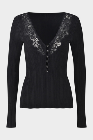 Ribbed Long Sleeve Top with Lace V-Neck – Stretch Knit