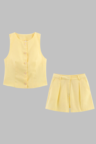 Yellow Linen Button Vest & Tailored Shorts Set