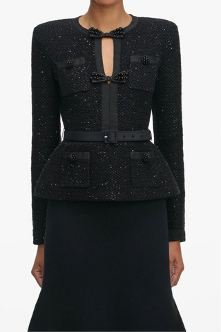 Tweed Embellished Long-Sleeve Top & Wool Long Skirt Two-Piece Set