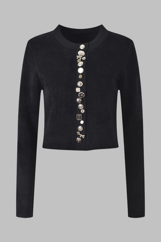 Long Sleeve Knit Cardigan with Round Neck and Decorative Mixed Buttons