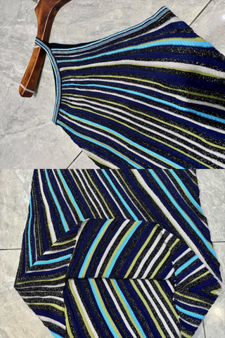 Metallic Striped One-Shoulder Knit Long Dress