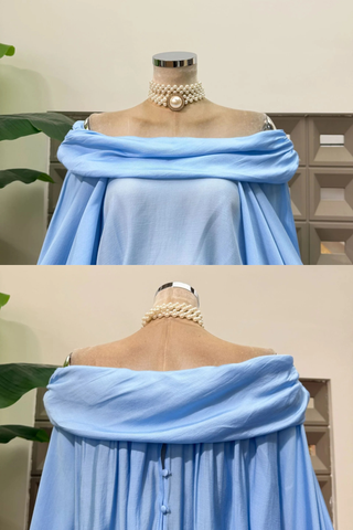 Off-Shoulder Flowing Chiffon Mini Set with Soft Ruffle Details