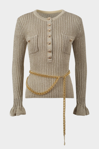 Metallic Knit Top – Long Sleeve Ribbed Design with Chain Belt