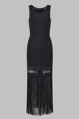 Boho Chic Black Knit Midi Dress with Crochet Detailing & Long Fringe