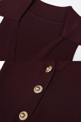 Ribbed Knit Sleeveless Collared V-Neck Long Dress with Gold Buttons & Flared Skirt