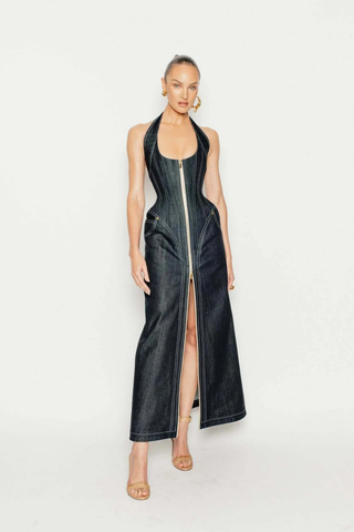 Halter Neck Denim Long Dress with Front Zip and Contour Stitching