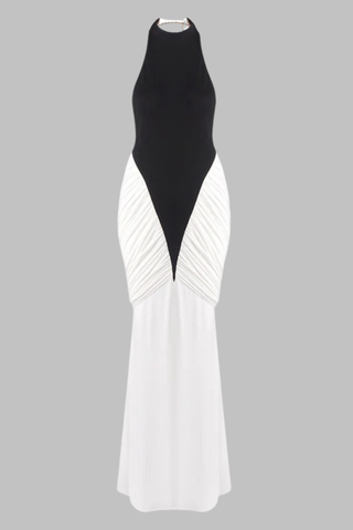 Halter Neck Two-Tone Long Dress with Draped Ruched Skirt and Open Back