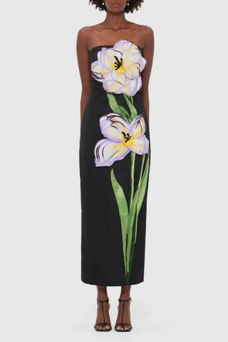 Strapless Floral Embroidered  Multicolor 3D Appliqué Slim Fit Long Dress