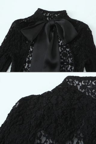 Black Floral Lace Long Sleeve Bodysuit with Satin Neck Bow