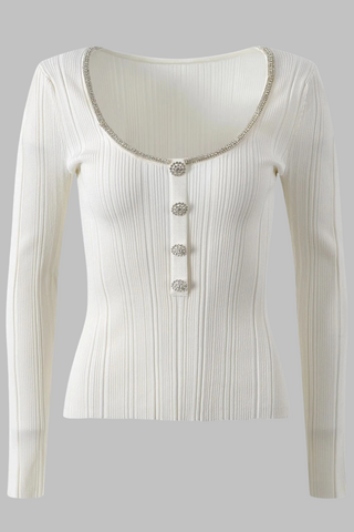 Ribbed Elastic Slim Fit U-Neck Long Sleeve Top with Rhinestone Trim