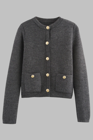 Knitted Cardigan with Gold Buttons and Front Pockets