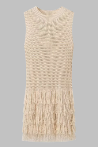 Solid Tassel Layered Knit Mini Dress – Sleeveless Round Neck Boho Chic