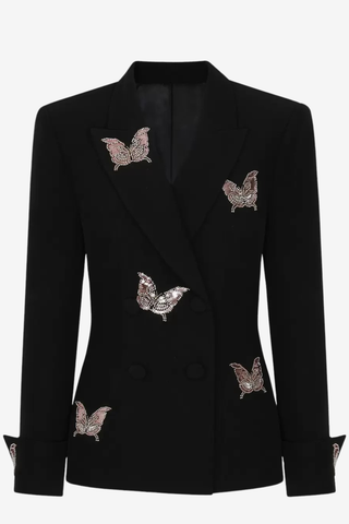 Structured Long Sleeve Tailored Blazer with Hand-Embellished Butterfly Detail
