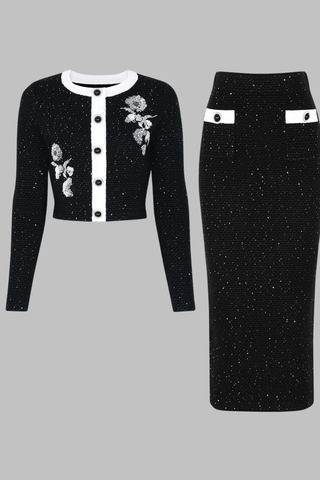 Knitted Sequin Floral Embellished Cardigan and High-Waist Pencil Skirt Set