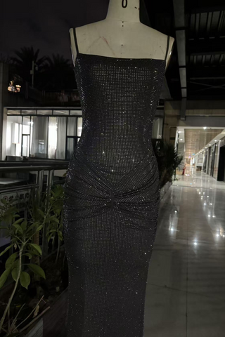 Hot Diamond Sparkle Bodycon Long Dress with Sculpted Pleats and Backless Cut