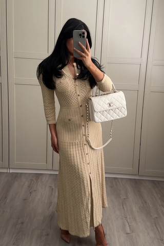 Shimmer Knit Mid-Long Dress with Three-Quarter Sleeves and Front Buttons