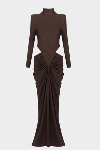 Long Sleeve High-Neck Stretch Long Dress – Side Cut-Out Ruched Design