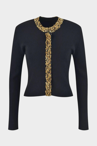 Embellished Collar & Front Long-Sleeve Knit Cardigan