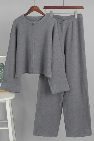 Ribbed Long Sleeve Zip Jacket & Relaxed Pants Co-Ord Set