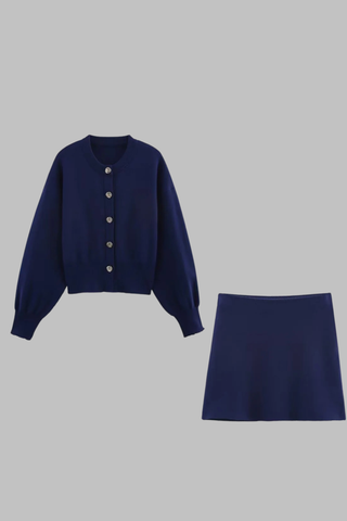 Knitted Two-Piece Set with Balloon Sleeve Cardigan and Mini Skirt