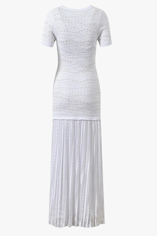 Pearl Embellished Knit Long Dress with Pleated Skirt – Short Sleeve