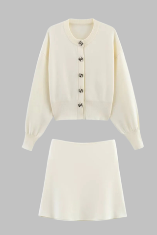 Ivory Knitted Cardigan and Mini Skirt Set with Statement Silver Buttons