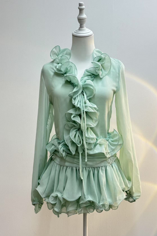 Mint Fantasy Ruffle Chiffon Set – Sheer Top & Skirted Shorts