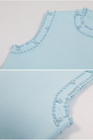 Sleeveless Knit Long Dress with Pearl Trim and Pleated Skirt