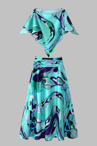 Retro Wave Satin Co-Ord Set – Abstract Scarf Top Long Skirt