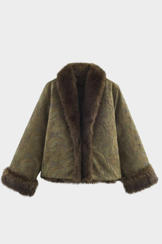 Embroidered Jacquard Jacket with Luxe Faux Fur Trim – Elegant Short Winter Coat