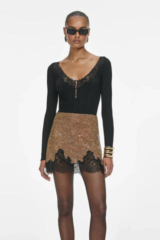 Crystal-Embellished Mesh Mini Skirt with Lace Trim