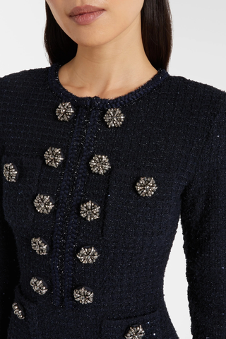 Embellished Tweed Long Sleeve Midi Dress with Jewel Buttons