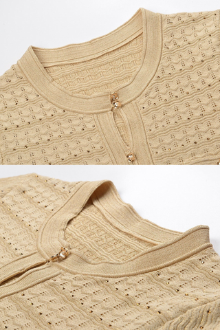 Textured Knit Long Dress – Short Sleeve Button Front Design