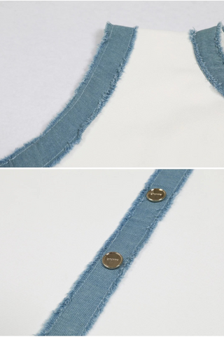 Sleeveless Button-Front Dress with Denim Trim and Pleated Hem