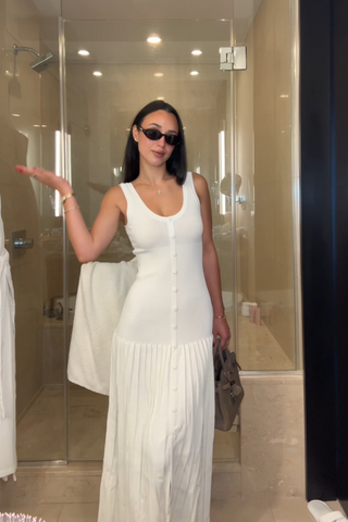 Sleeveless Ribbed Knit Long  Dress with Button-Front & Flared Hem