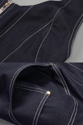 Halter Neck Denim Long Dress with Front Zip and Contour Stitching