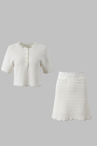 Pearl-Trimmed Textured Knit Two-Piece Set  Cropped Top & A-Line Skirt