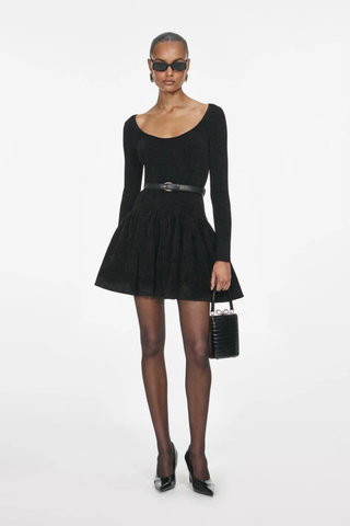 Knitted Long Sleeve Flared Dress with Belt – Soft Winter Knit Mini Dress