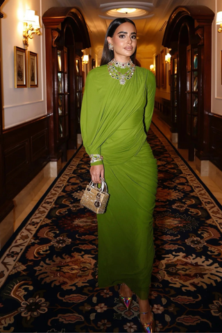 Elegant Long Mesh Dress with Long Sleeves & Sculpted Draped Design