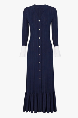 Cable-Knit Button-Front Long Dress with V-Neck and Flared Hem