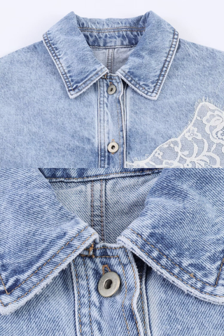 Lace Detail Cropped Denim Jacket in Light Wash