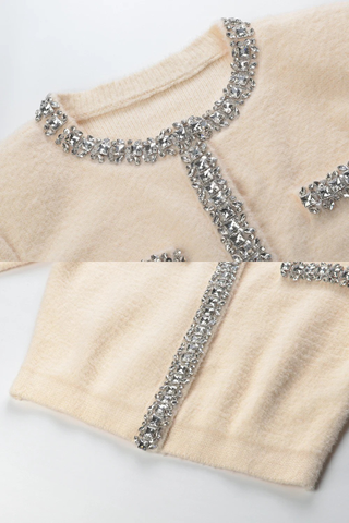 Crystal-Embellished Soft Wool Set – Cream Beige Cropped Jacket and Ruffled Mini Skirt