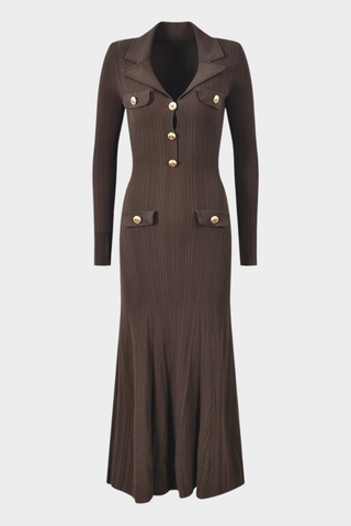 Ribbed Knit Long Dress – Long Sleeve Collared Bodycon with Gold Buttons