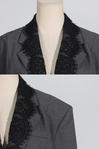 Lace-Trimmed Oversized Blazer Dress with Structured Shoulders
