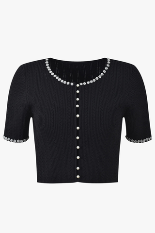 Pearl Trim Ribbed Knit Cardigan with Short Sleeves and Button Front Design