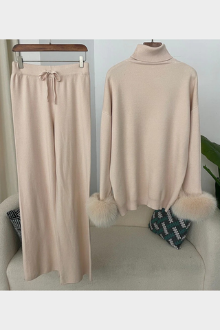 Faux Fur Trim Turtleneck Knit Set – Long Sleeve Top & Wide-Leg Pants