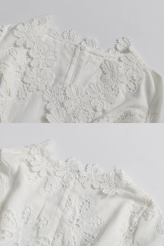 Lace Long Sleeve Mini Dress – V-Neck with Floral Detail & Adjustable Side Fit